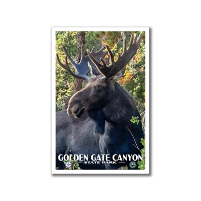 Poster of a moose in a forest with 'Golden Gate Canyon State Park' text.