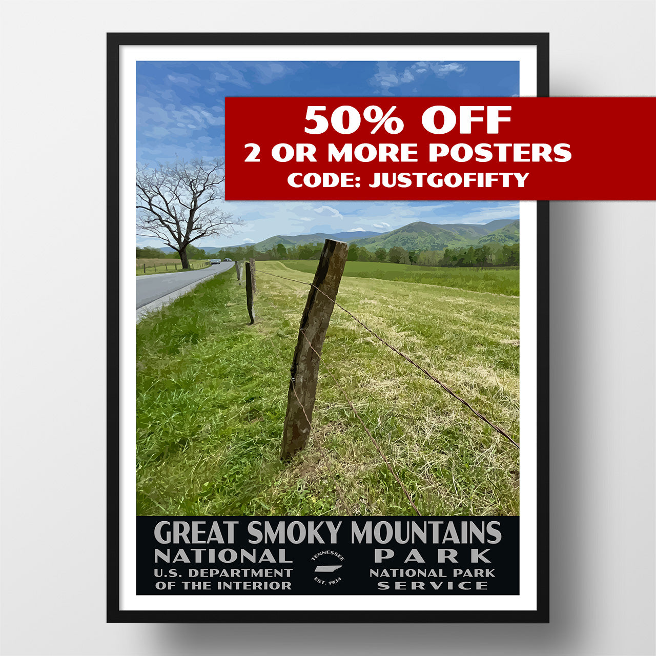 Great Smoky Mountains National Park Poster-WPA (Cades Cove with Road)