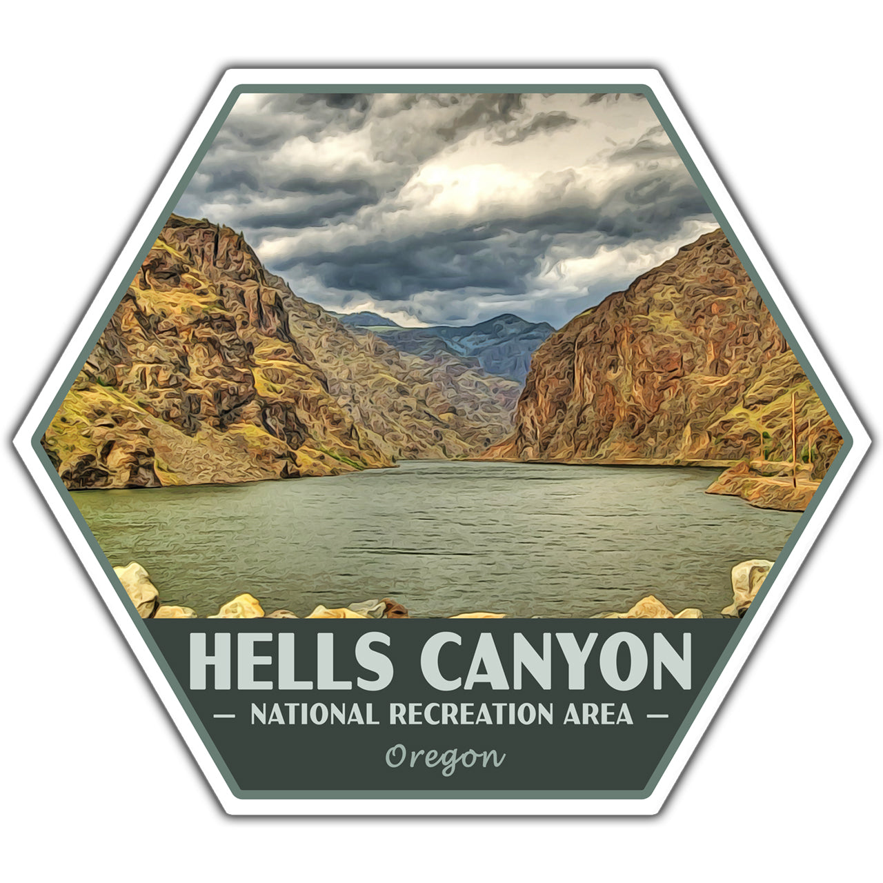 Hexagonal sticker of Hells Canyon National Recreation Area with mountains and lake.