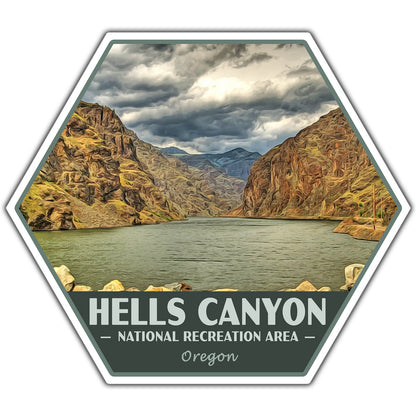 Hexagonal sticker of Hells Canyon National Recreation Area with mountains and lake.