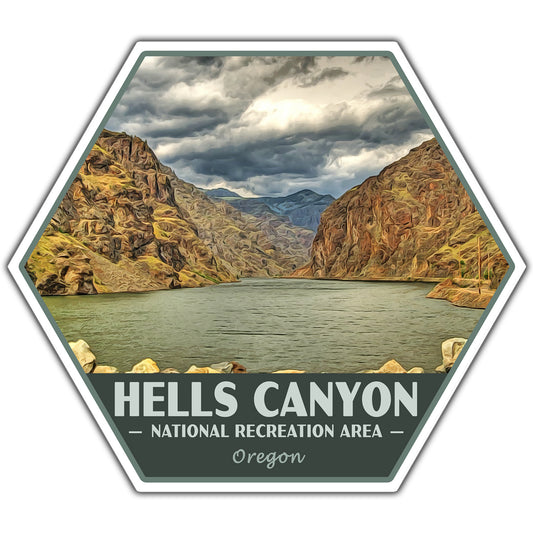 Hexagonal sticker of Hells Canyon National Recreation Area with mountains and lake.