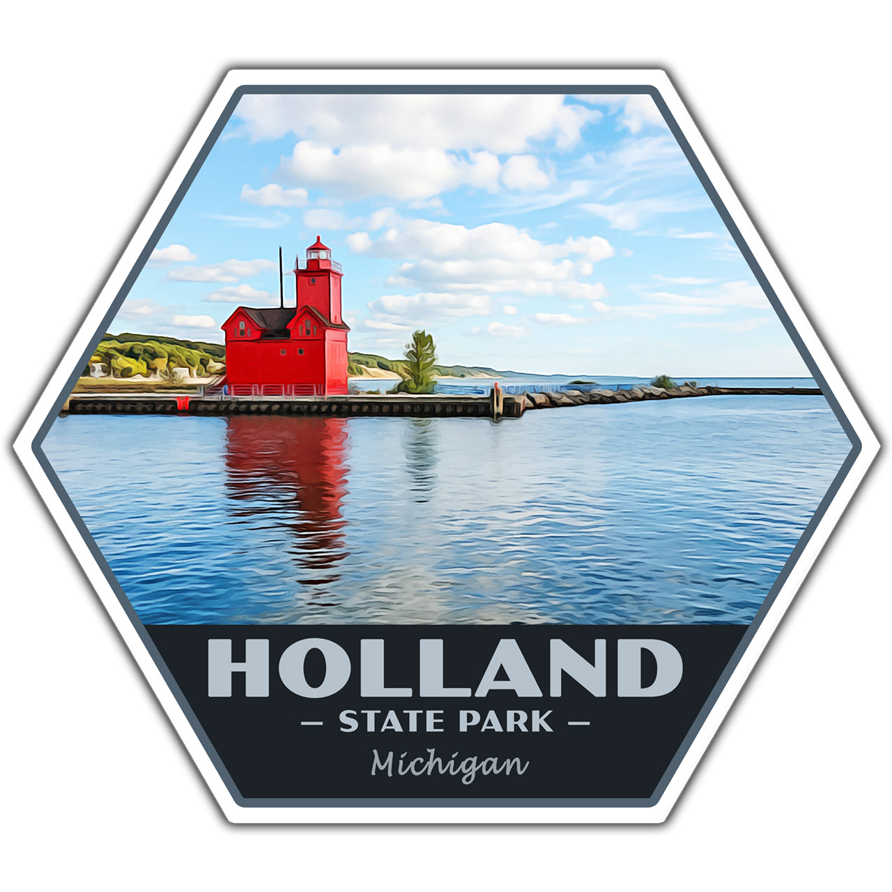 Hexagonal sticker with a red lighthouse on a lake, labeled 'Holland State Park, Michigan'.