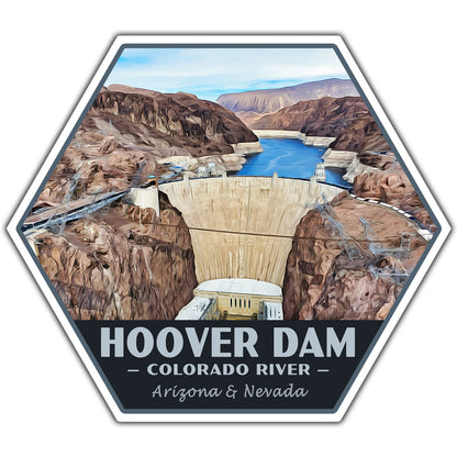 Hexagonal sticker of Hoover Dam with text on a white background