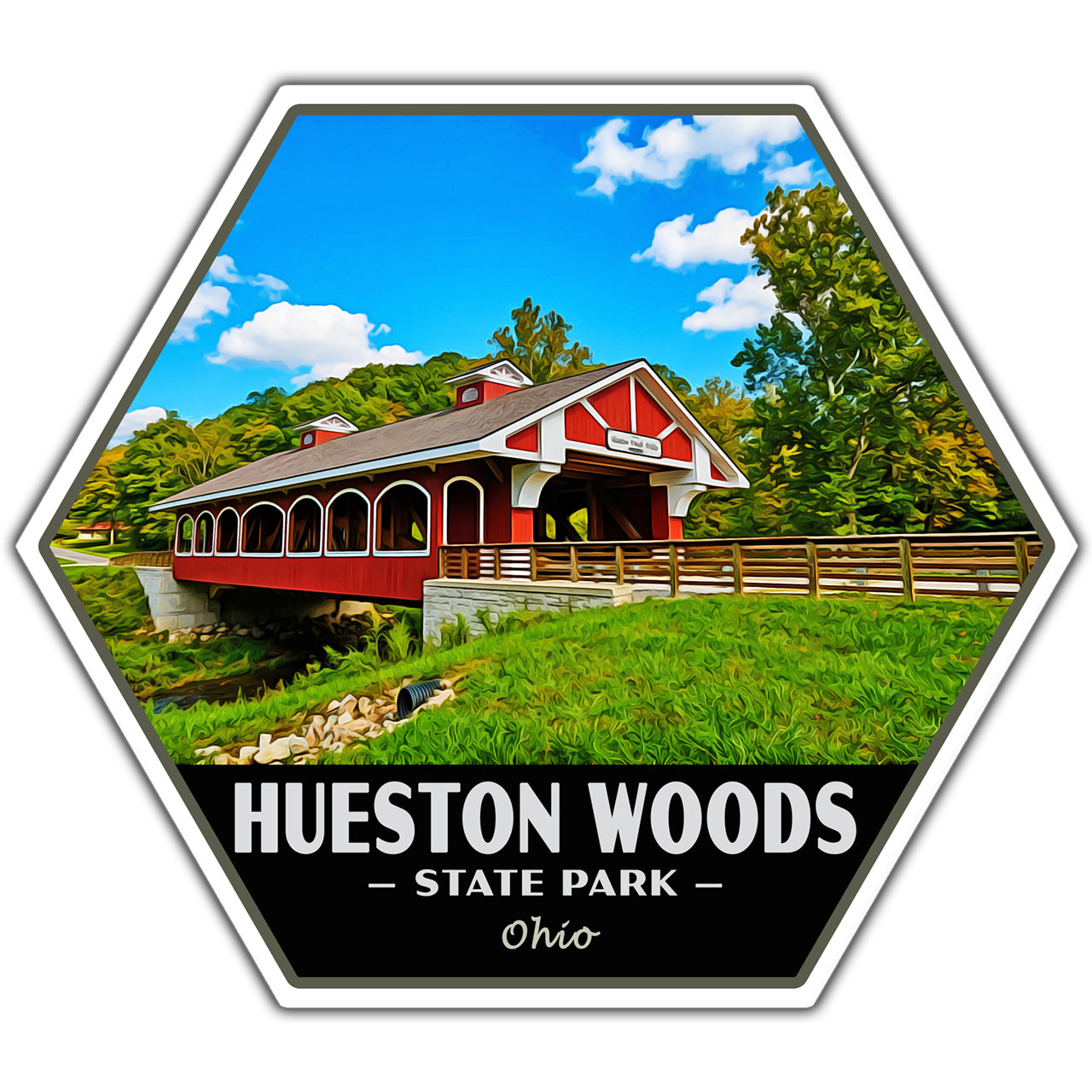 Hexagonal sticker of a red covered bridge with 'Hueston Woods State Park, Ohio' text.
