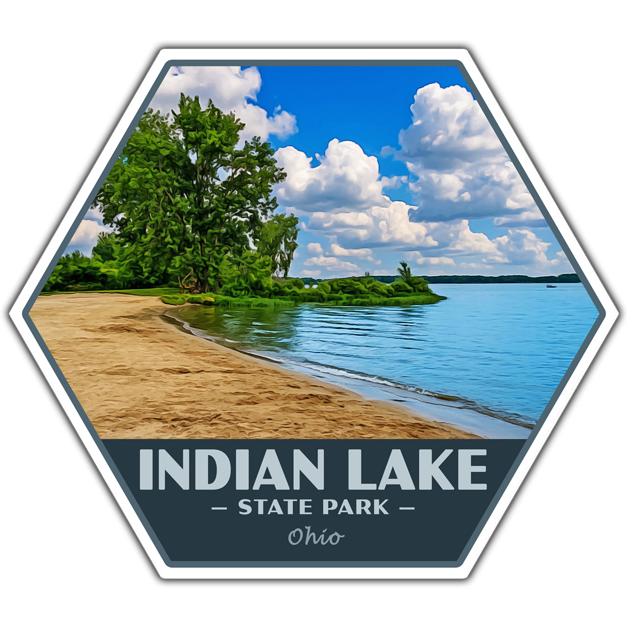 Hexagonal sticker of Indian Lake State Park with a beach and lake view.