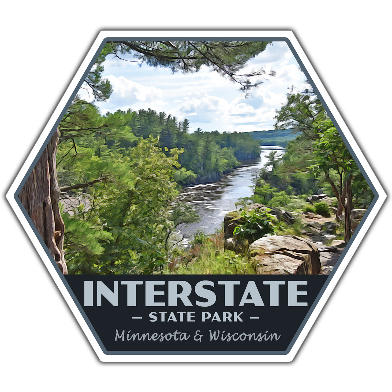 Hexagonal sticker of Interstate State Park with a scenic view of a river and trees.