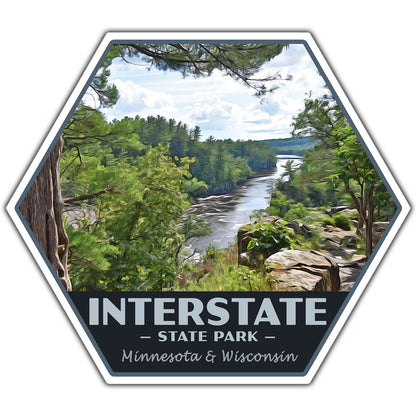 Hexagonal sticker of Interstate State Park with a scenic view of a river and trees.