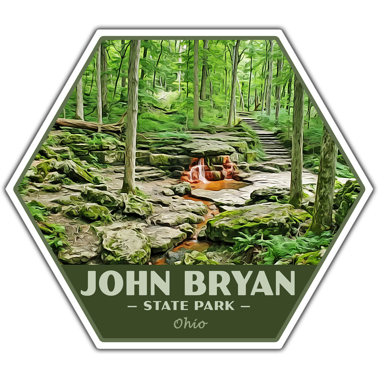Hexagonal sticker of John Bryan State Park with a forest scene and waterfall.