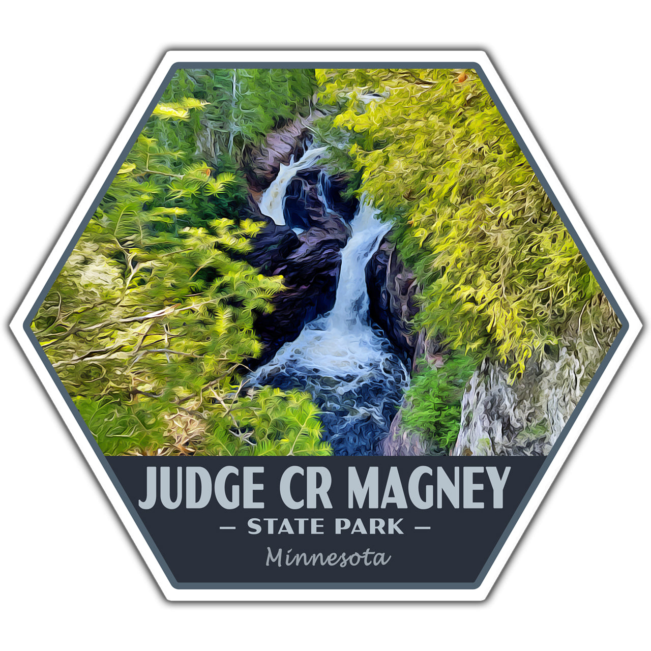 Hexagonal sticker of Judge CR Magney State Park with a waterfall and greenery.