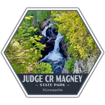 Hexagonal sticker of Judge CR Magney State Park with a waterfall and greenery.