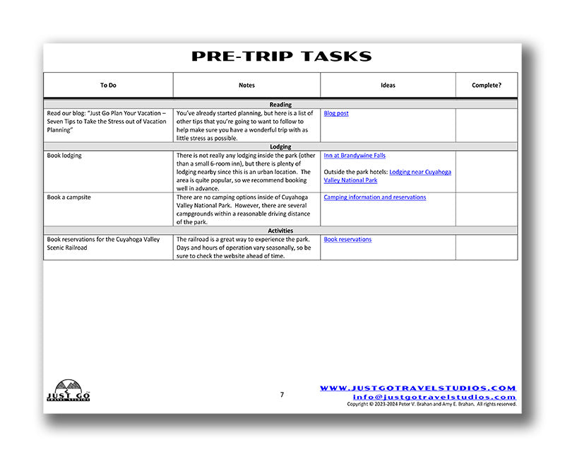 Cuyahoga Valley National Park Itinerary (Digital Download)