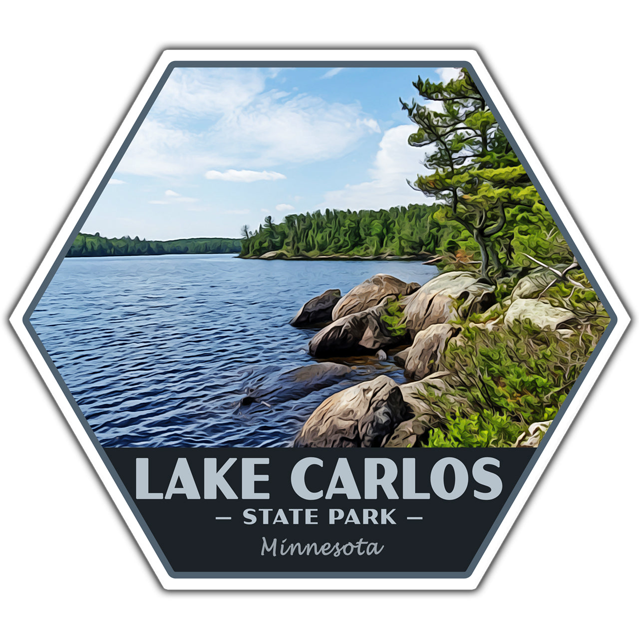 Hexagonal sticker of Lake Carlos State Park in Minnesota with a scenic view of a lake and rocks.