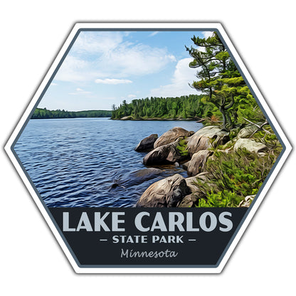 Hexagonal sticker of Lake Carlos State Park in Minnesota with a scenic view of a lake and rocks.