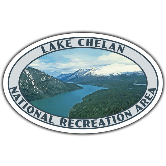 Lake Chelan National Recreation Area sticker with scenic depiction of a lake and mountains.