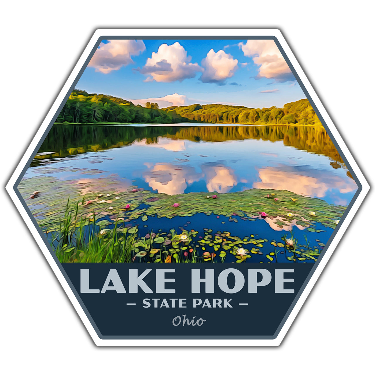 Hexagonal sticker of Lake Hope State Park with a scenic lake and mountains.