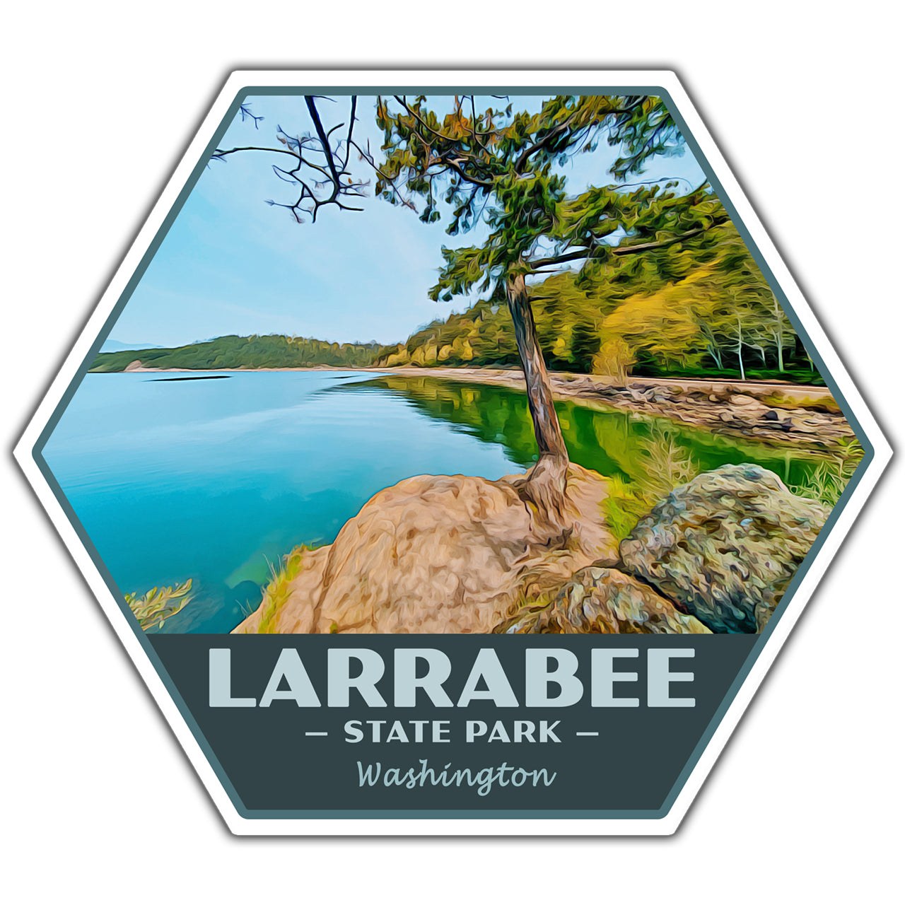 Hexagonal sticker of Larrabee State Park in Washington with a scenic lake and trees.
