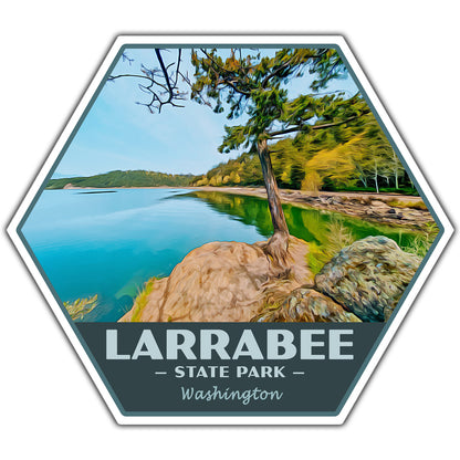 Hexagonal sticker of Larrabee State Park in Washington with a scenic lake and trees.