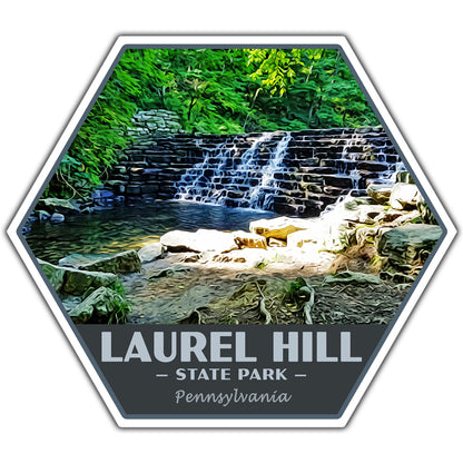 Hexagonal sticker of Laurel Hill State Park with a waterfall and greenery.