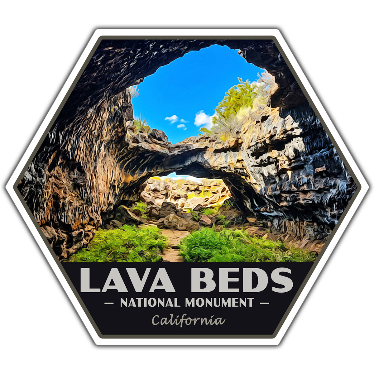 A hexagonal sticker or decal featuring a scenic photograph of a lava bed rock arch in California, with the text 'LAVA BEDS - NATIONAL MONUMENT - California' on a black background at the bottom.
