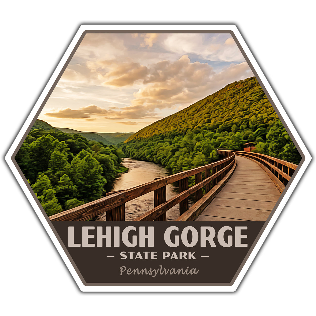Hexagonal sticker of Lehigh Gorge State Park with a scenic view of a wooden bridge over a river and mountains.