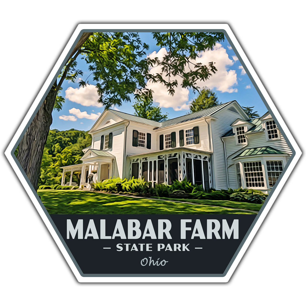 Hexagonal sticker of Malabar Farm State Park with a house and trees in the background.