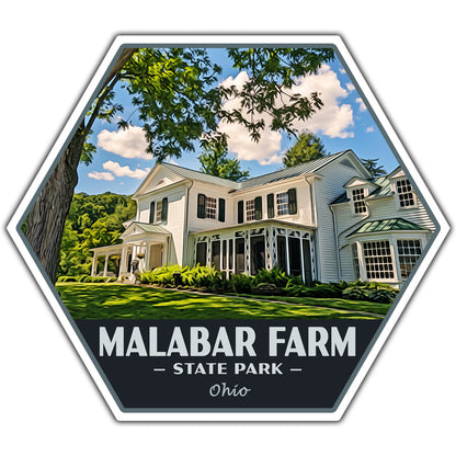 Hexagonal sticker of Malabar Farm State Park with a house and trees in the background.