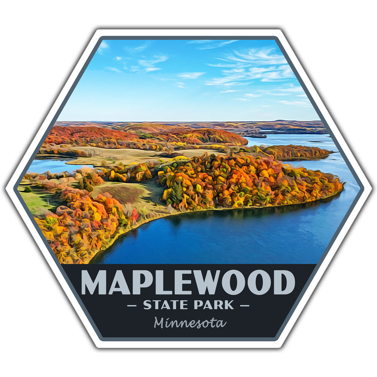 Hexagonal sticker of Maplewood State Park in Minnesota with autumn foliage and a lake.
