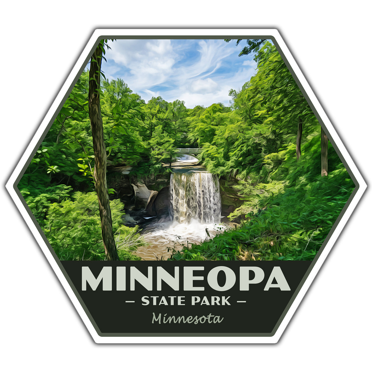 Hexagonal sticker with a scenic view of Minneopa State Park, Minnesota, featuring a waterfall and lush greenery.