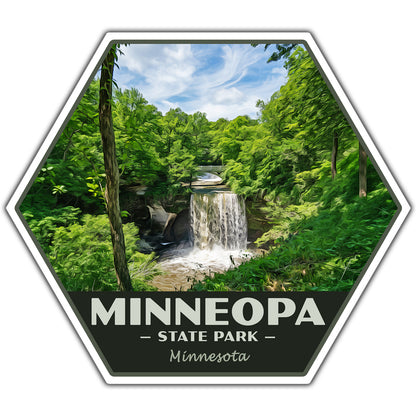 Hexagonal sticker with a scenic view of Minneopa State Park, Minnesota, featuring a waterfall and lush greenery.