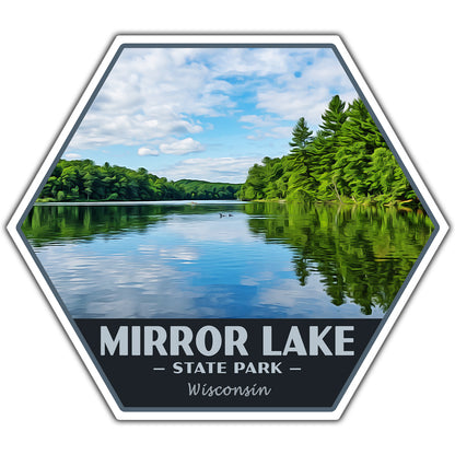 Hexagonal sticker of Mirror Lake State Park in Wisconsin with a lake and trees.