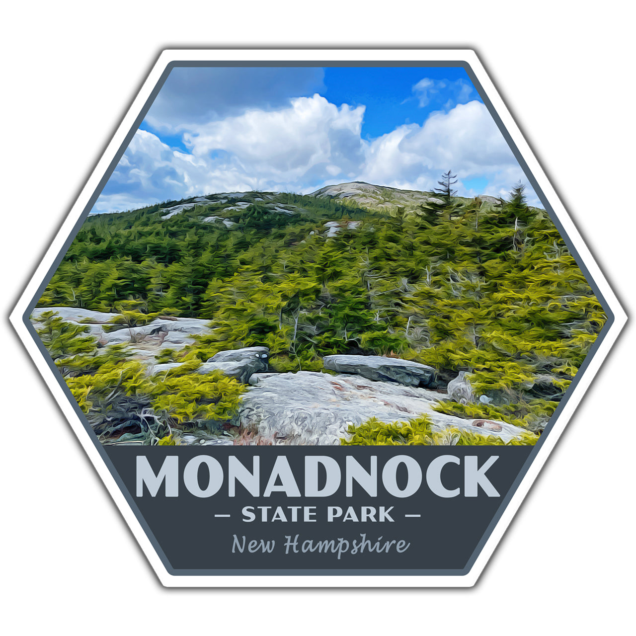 A hexagonal sticker or patch design featuring a scenic photograph of Monadnock State Park in New Hampshire, with a dark gray bottom banner reading 'MONADNOCK STATE PARK New Hampshire' in white text.