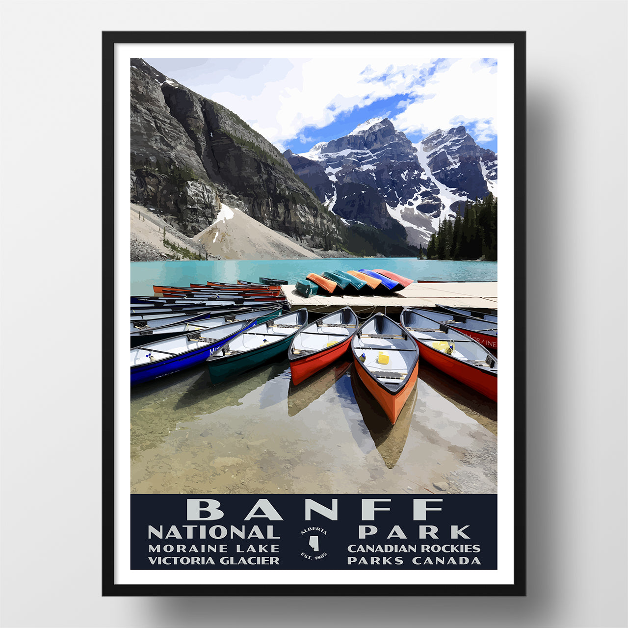 Banff National Park Poster-WPA (Moraine Lake Canoes)