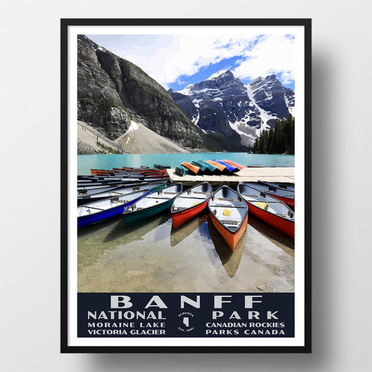 Banff National Park Poster-WPA (Moraine Lake Canoes)