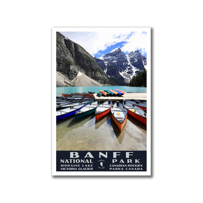 Banff National Park Poster-WPA (Moraine Lake Canoes)