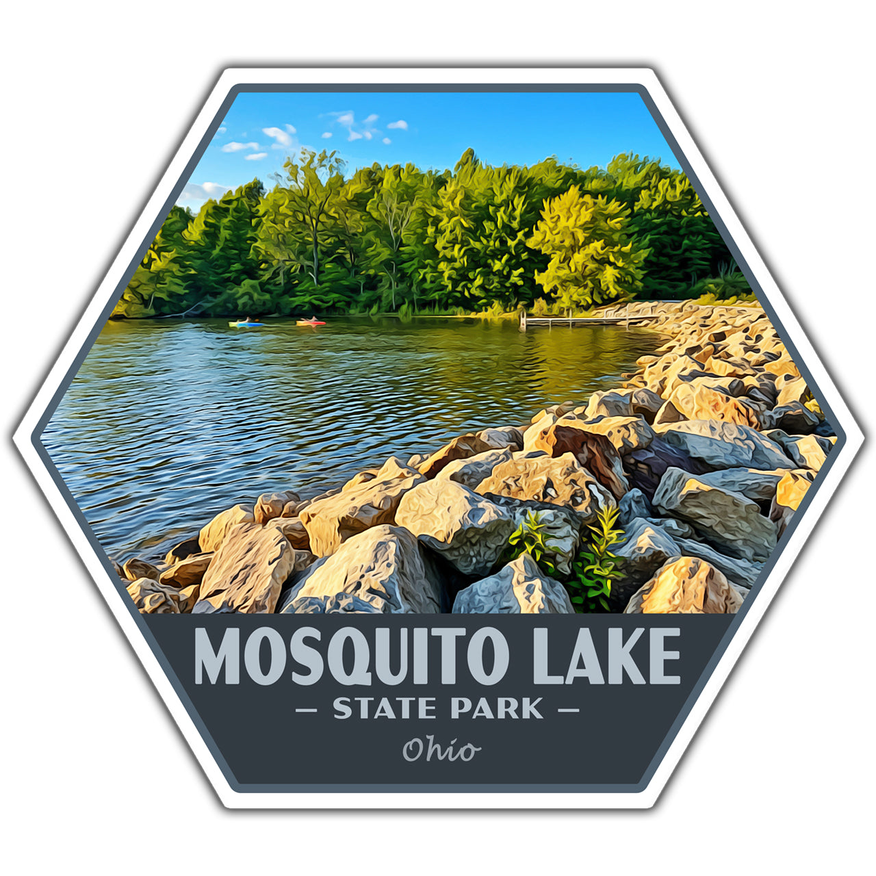 Hexagonal sticker of Mosquito Lake State Park with a lake and rocky shore.