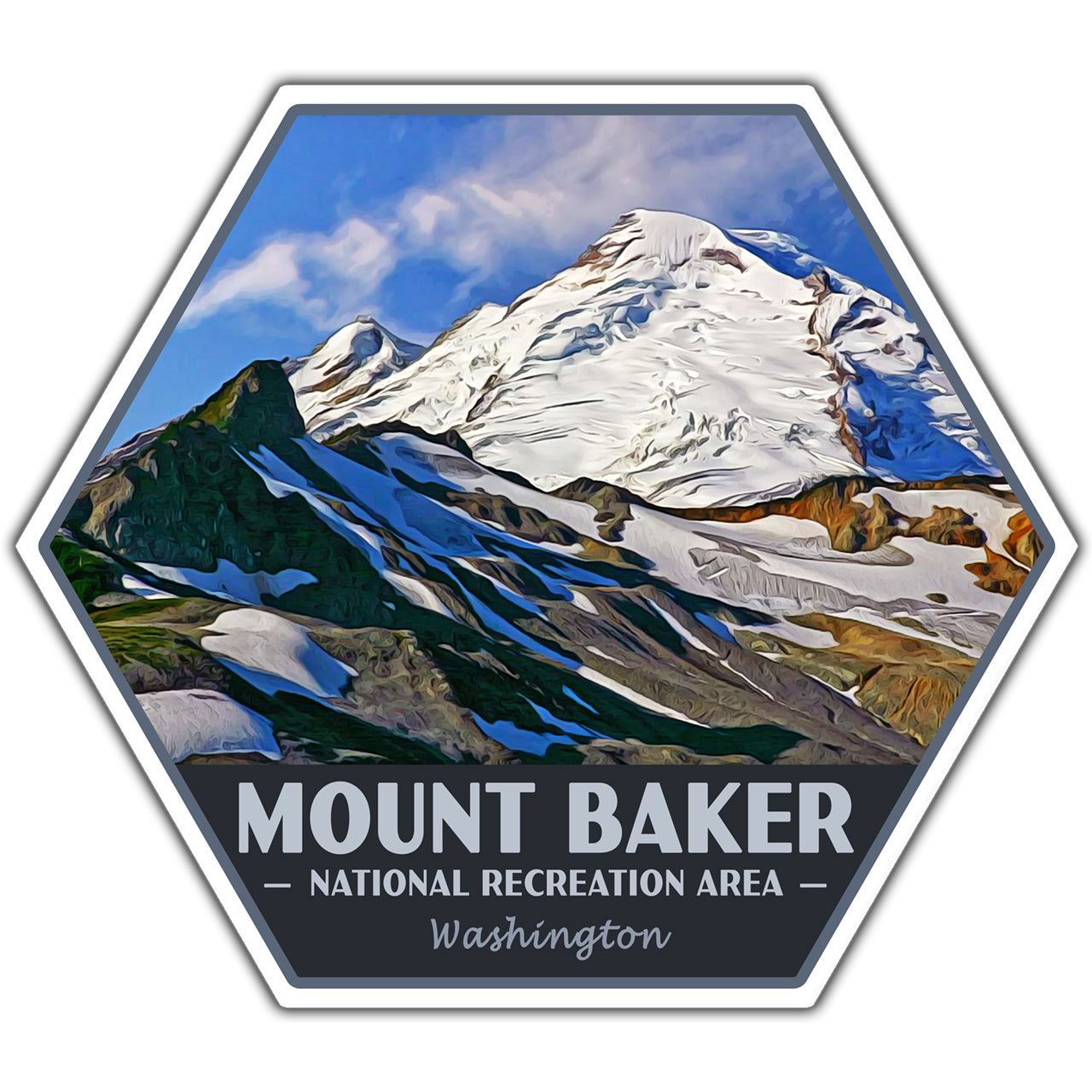 Hexagonal sticker with Mount Baker National Recreation Area design on a white background