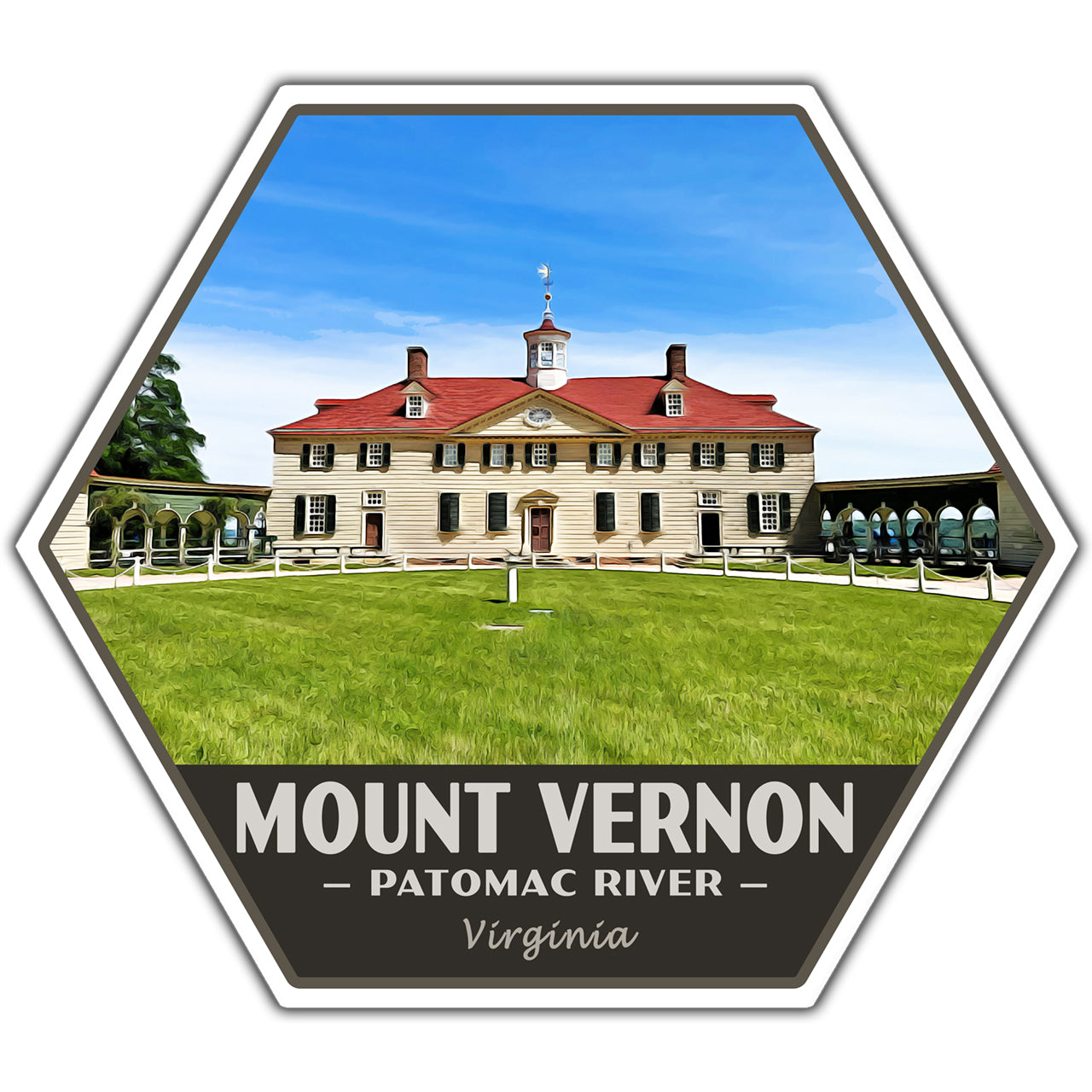 Hexagonal sticker of Mount Vernon with text on a white background