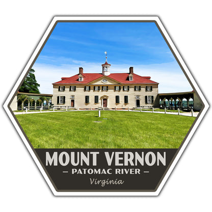 Hexagonal sticker of Mount Vernon with text on a white background