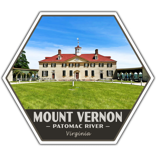 Hexagonal sticker of Mount Vernon with text on a white background