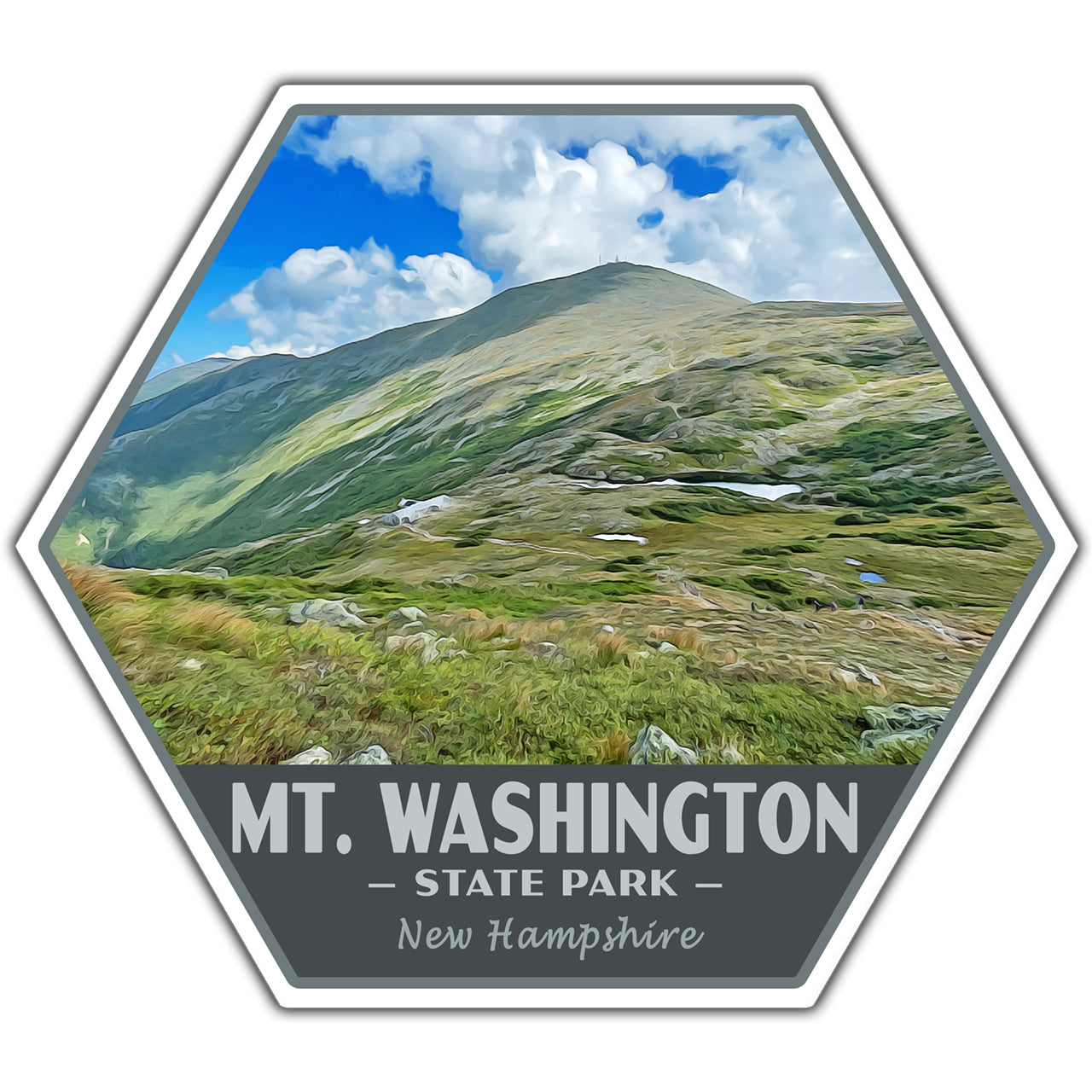 A hexagonal sticker or patch featuring a scenic photograph of Mt. Washington State Park, New Hampshire, with a gray banner at the bottom reading 'MT.