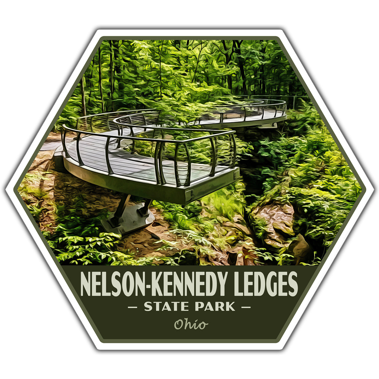 Hexagonal sticker of Nelson-Kennedy Ledges State Park with a wooden platform and greenery.