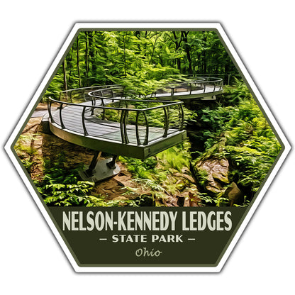 Hexagonal sticker of Nelson-Kennedy Ledges State Park with a wooden platform and greenery.