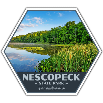 Hexagonal sticker of Nescopeck State Park with a lake and trees.