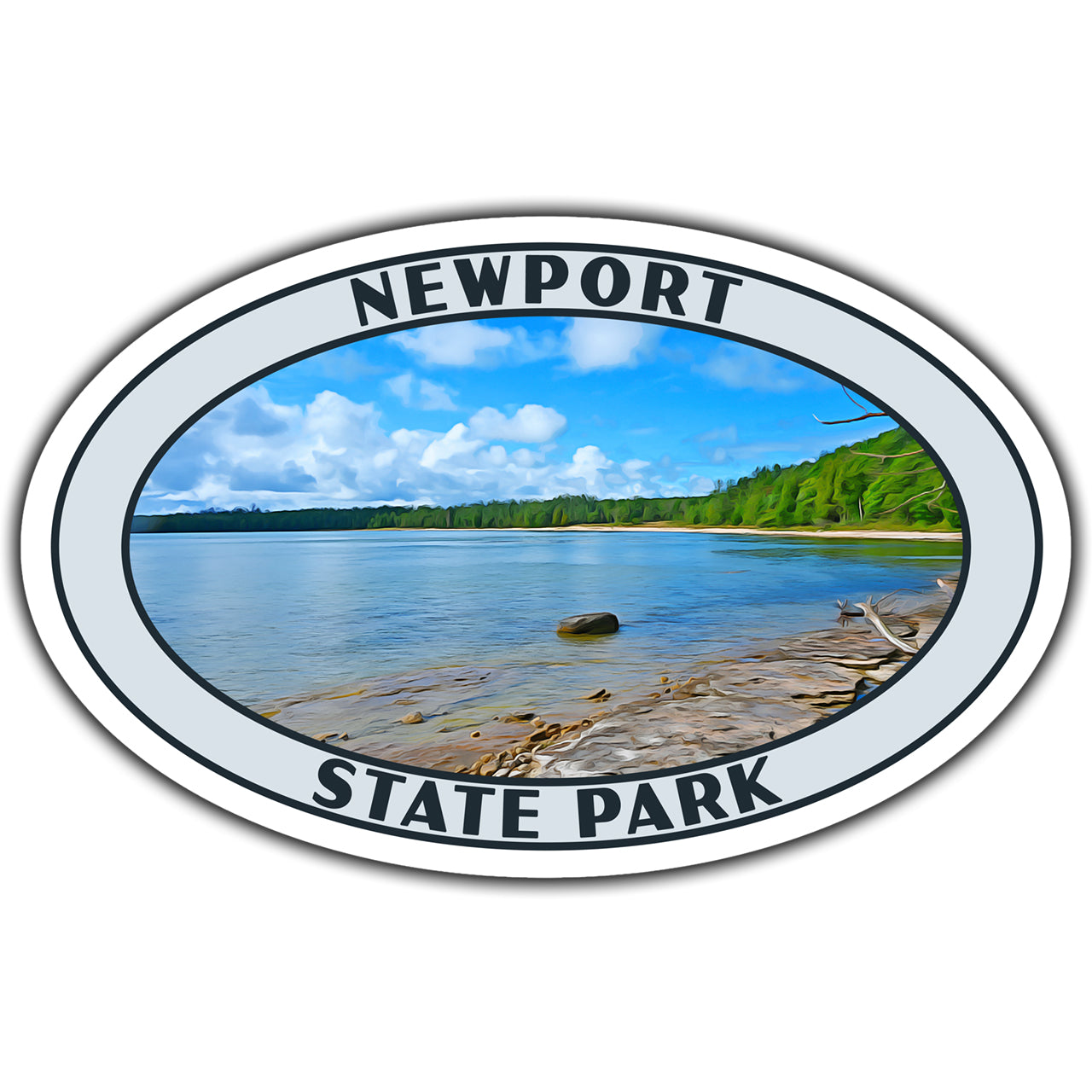 Oval-shaped sticker with 'Newport State Park' text and a scenic image of a lake and trees.