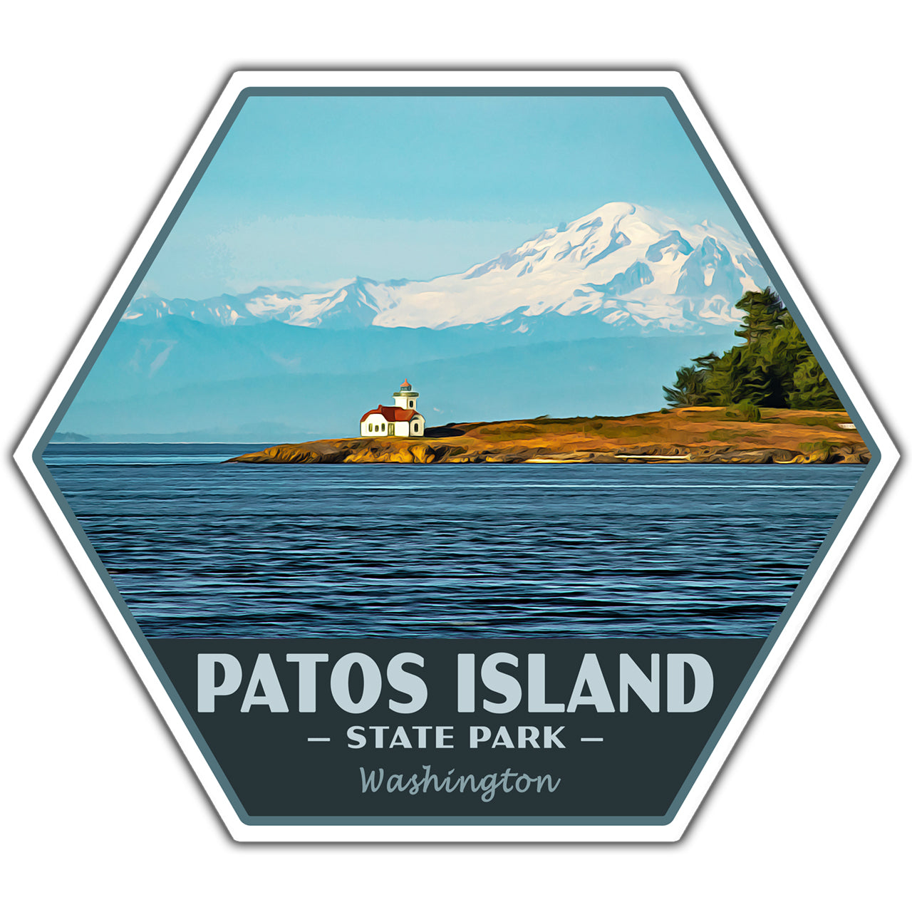 Hexagonal sticker of Patos Island State Park with a lighthouse and mountain in the background.