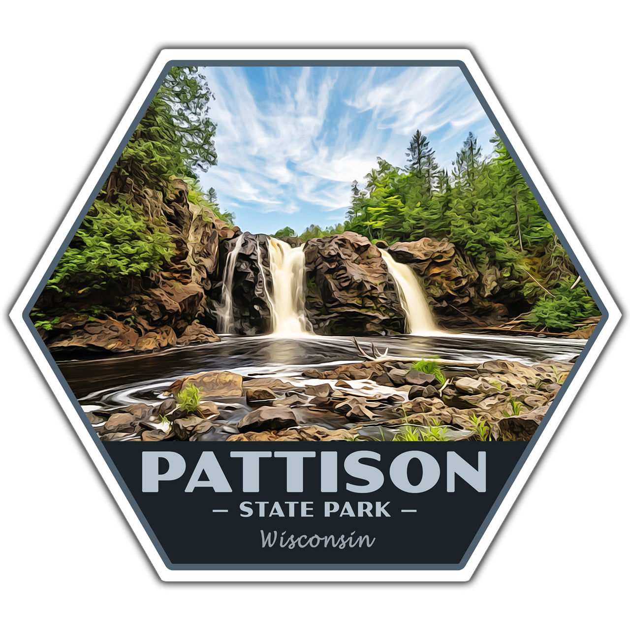 Hexagonal sticker with a waterfall scene and 'Pattison State Park, Wisconsin' text.