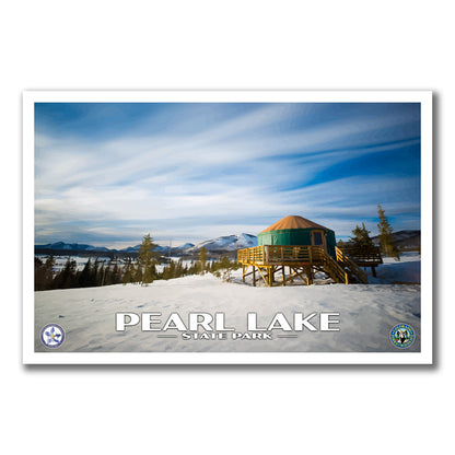 Yurt in a snowy landscape with 'Pearl Lake State Park' text on a white background