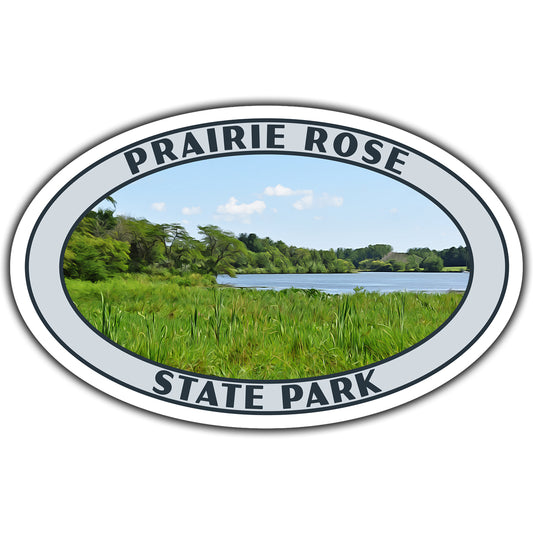  oval sticker with Prairie Rose State Park text and a scenic view of a lake and trees