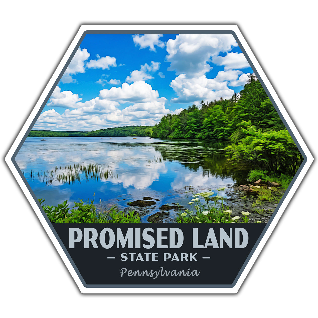 Hexagonal sticker with a scenic view of a lake and trees, labeled 'Promised Land State Park, Pennsylvania'.