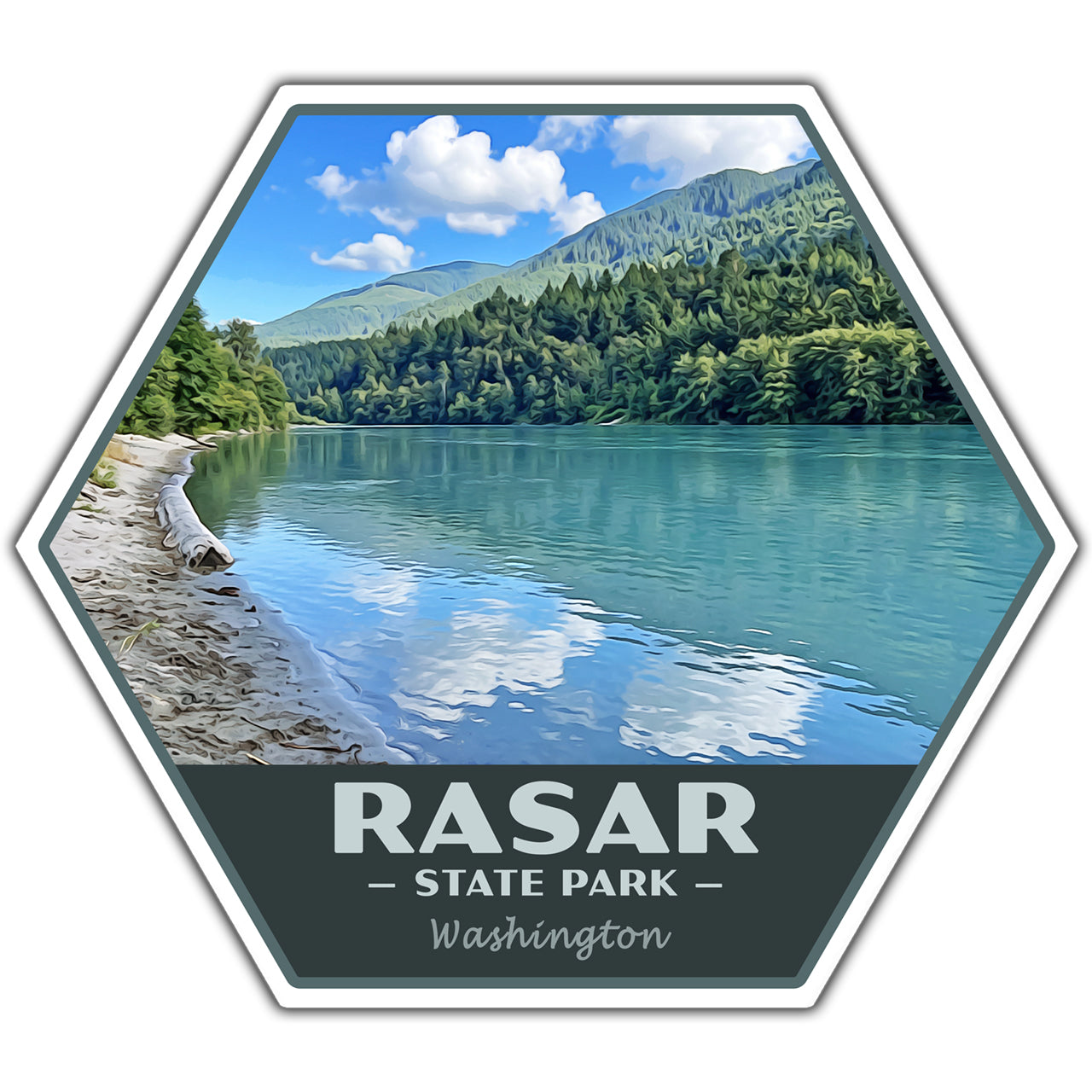 Hexagonal sticker with a scenic view of a lake and mountains, labeled 'RASAR State Park, Washington'.